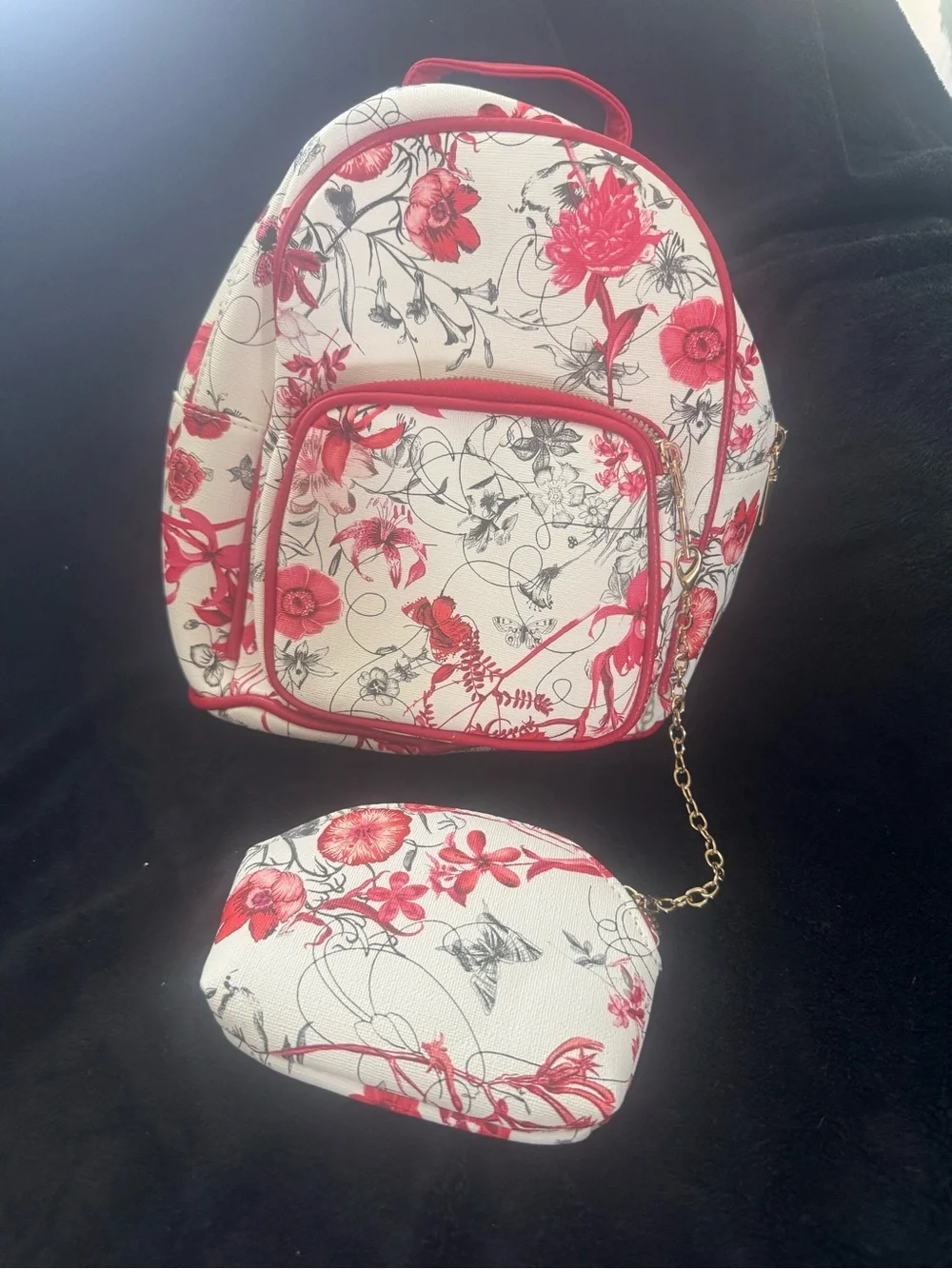 Floral Print White & Pink Mini Backpack with Matching Pouch vegan leather